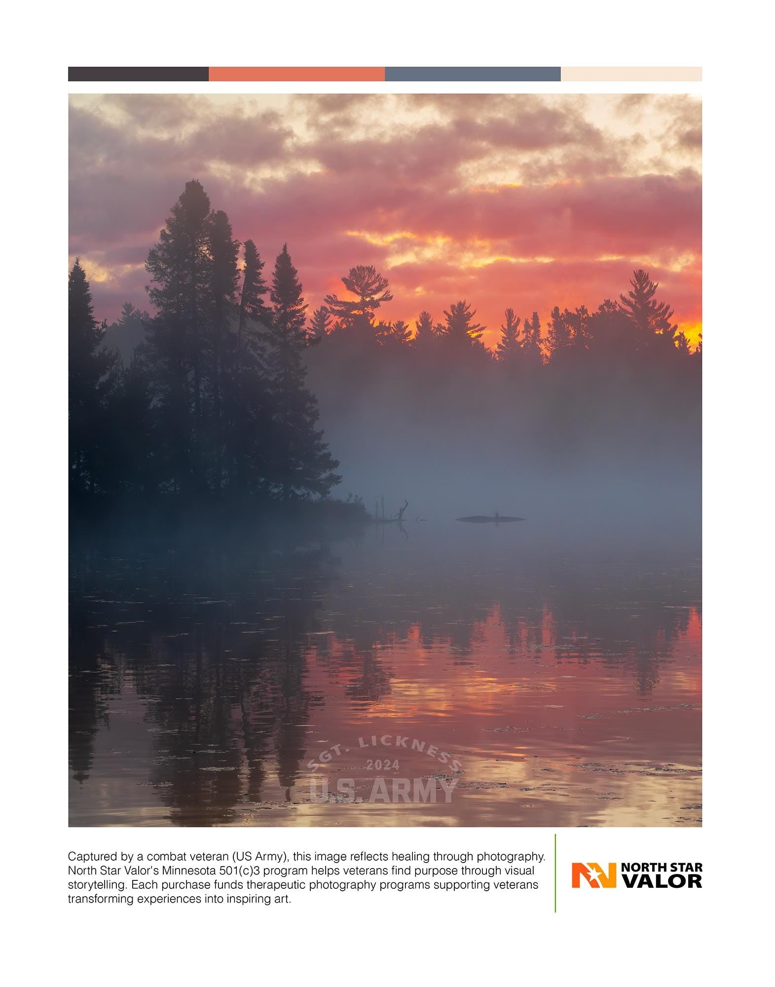 Misty Lake Sunrise Photo Print: Veteran Made Forest Art (11x14)