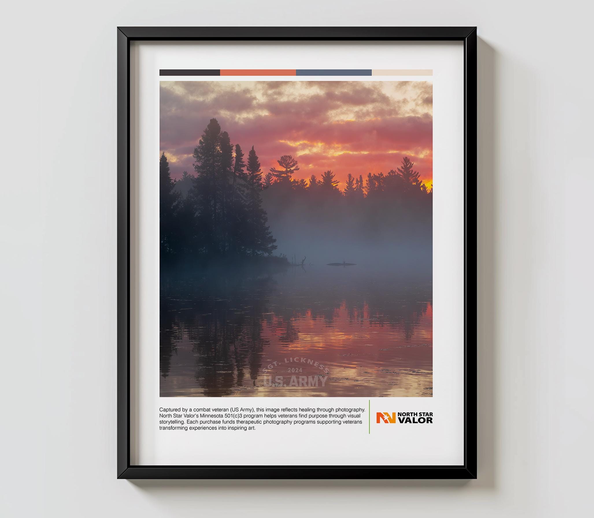 Misty Lake Sunrise Photo Print: Veteran Made Forest Art (11x14)